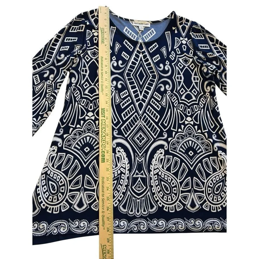 Southern Lady Navy Blue White Geometric Print 3/4 Sleeve Career Top Size L